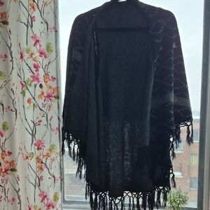 Unique  Stretchy Black Double Fringed Knit Women's Cardigan / Shawl (C38)